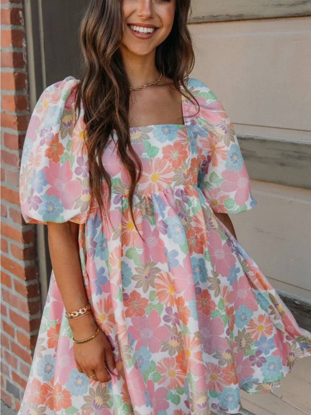 Pastel Floral Puff-Sleeve Casual Dress - Pink